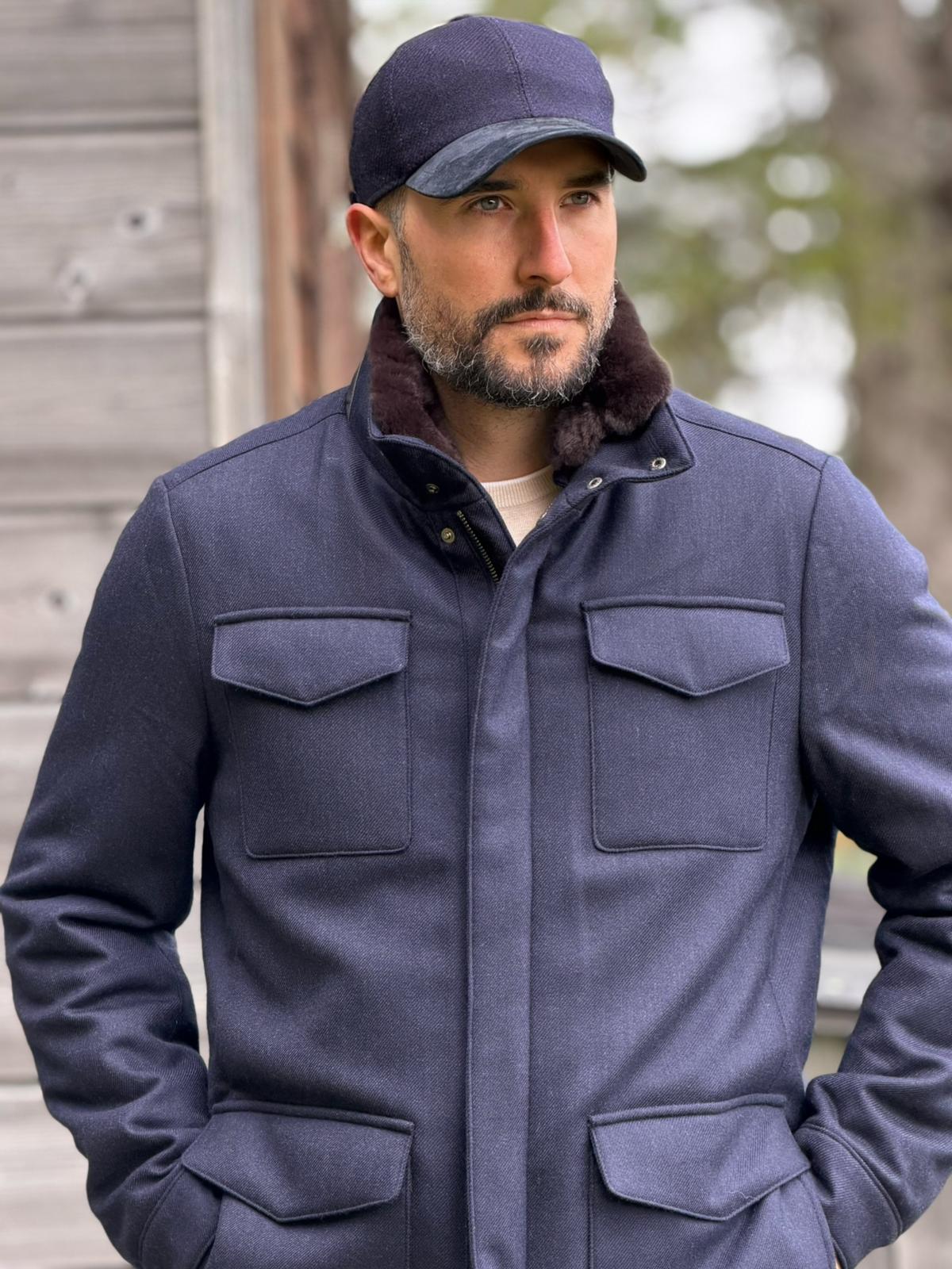 Field Jacket with Fur Collar - Navy