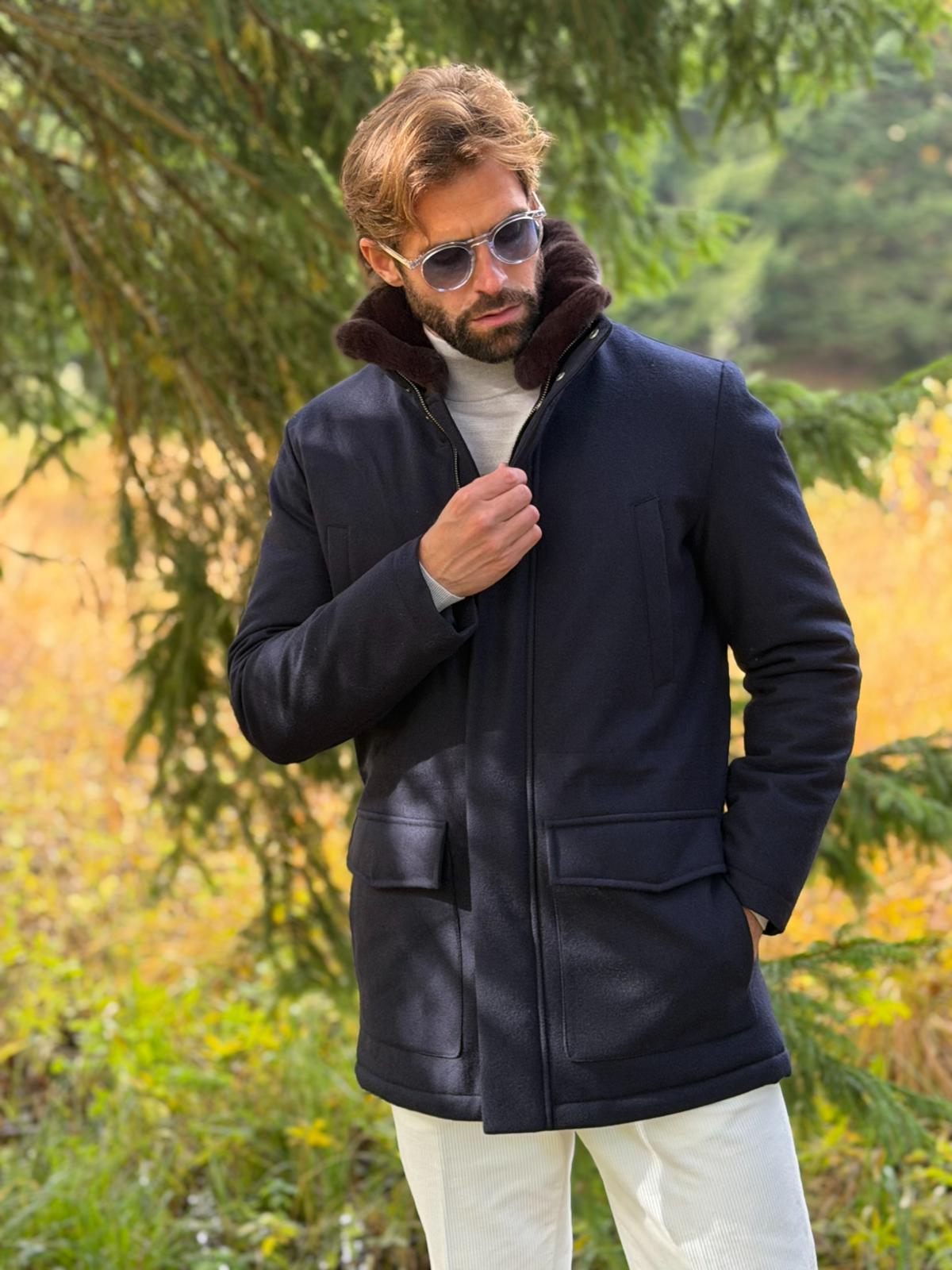 Voyager Coat with Fur Collar - Navy