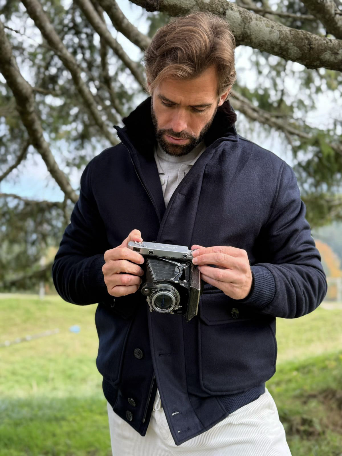 Blouson with Fur Collar - Navy