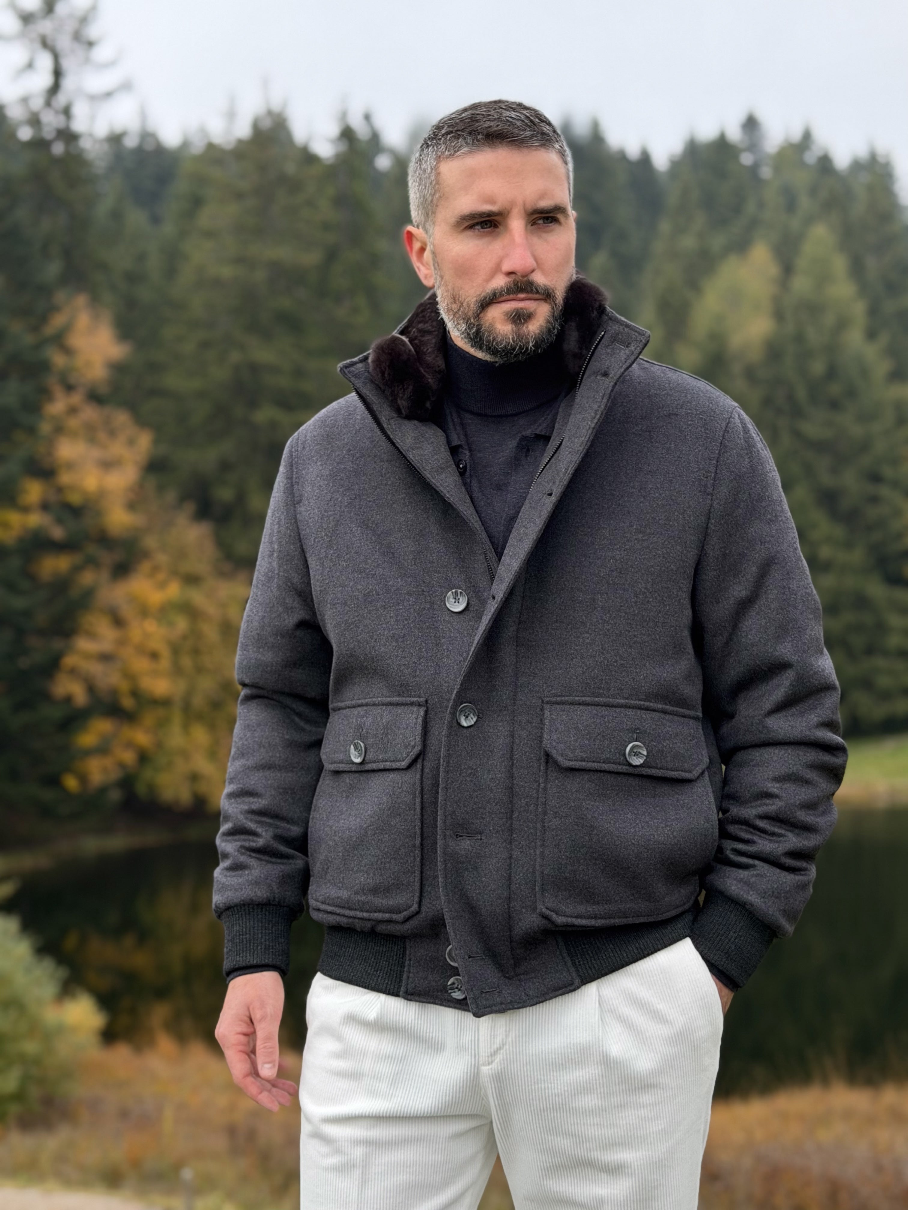 Blouson with Fur Collar - Charcoal