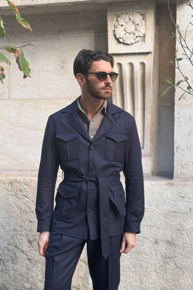 Belted Safari Jacket - Flanella Navy