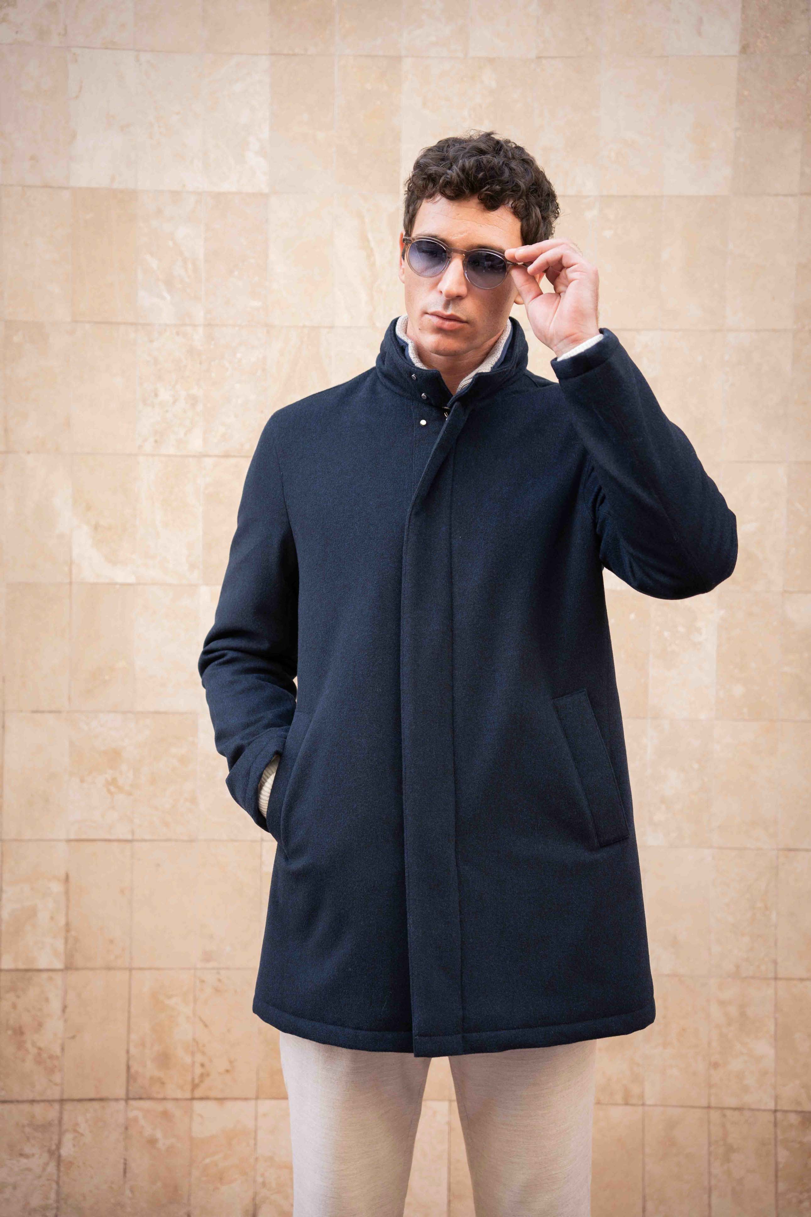 Smart Coat with Knitted Collar - Wool Navy