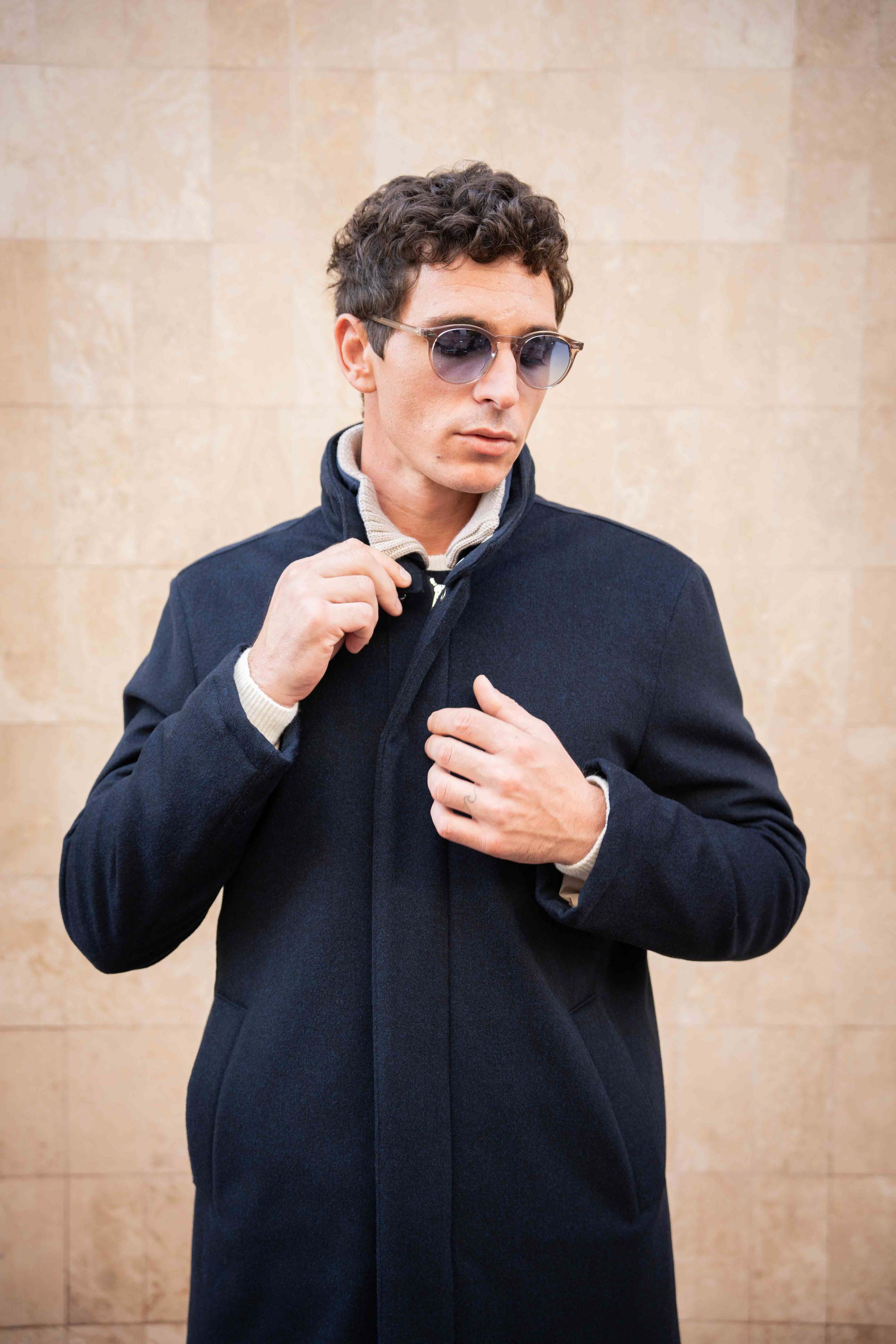 Smart Coat with Knitted Collar - Wool Navy