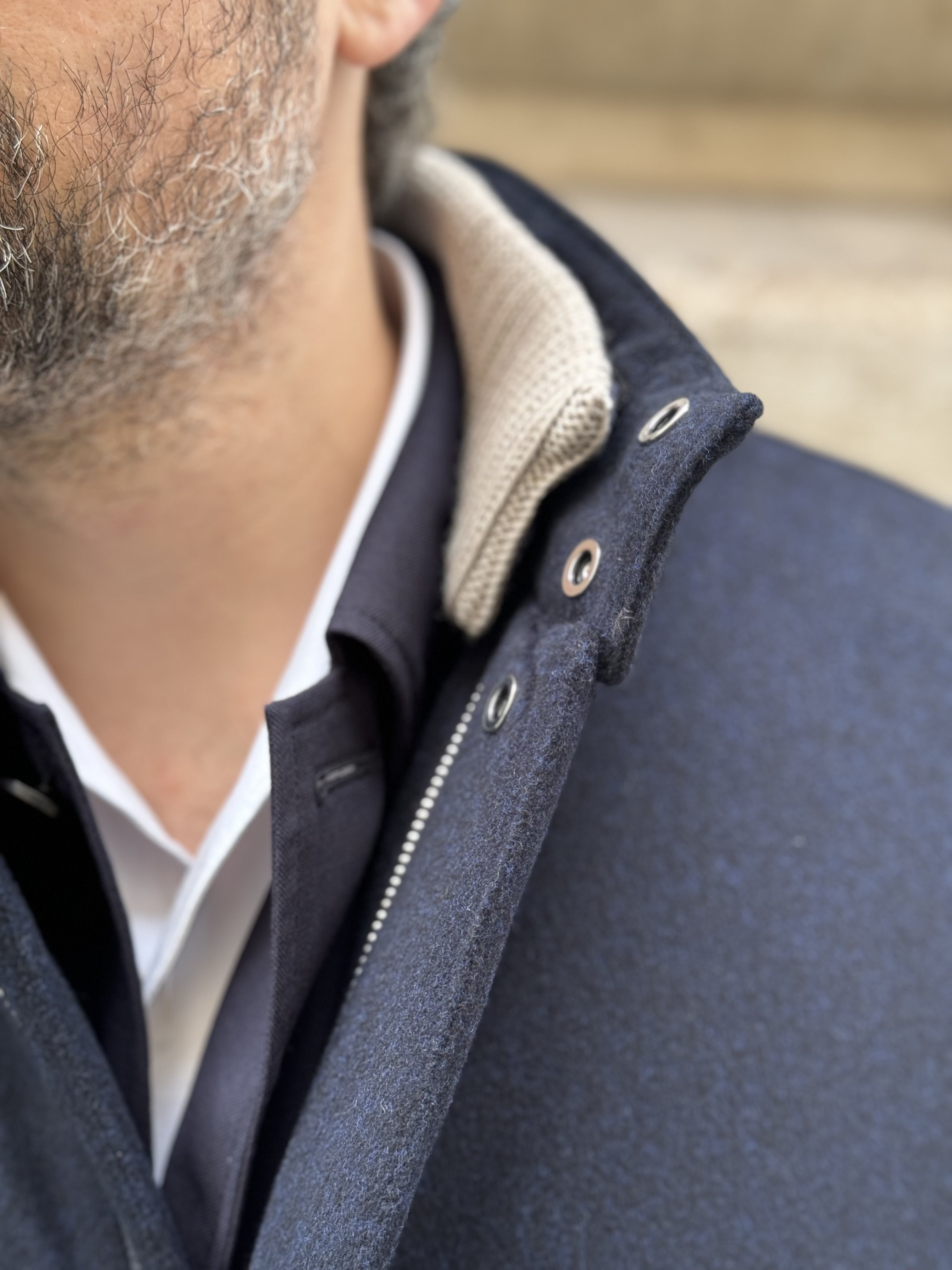 LONG SMART JACKET / KNITTED COLLAR - WOOL NAVY