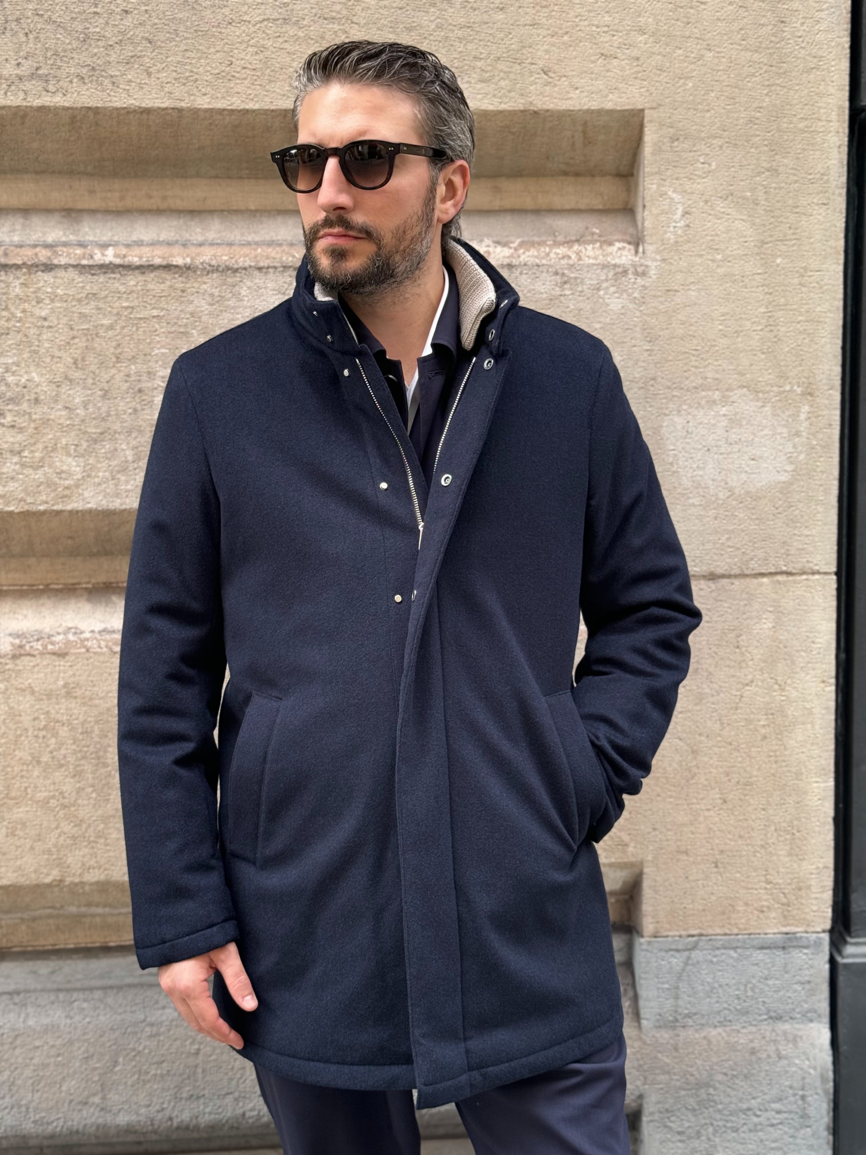 LONG SMART JACKET / KNITTED COLLAR - WOOL NAVY