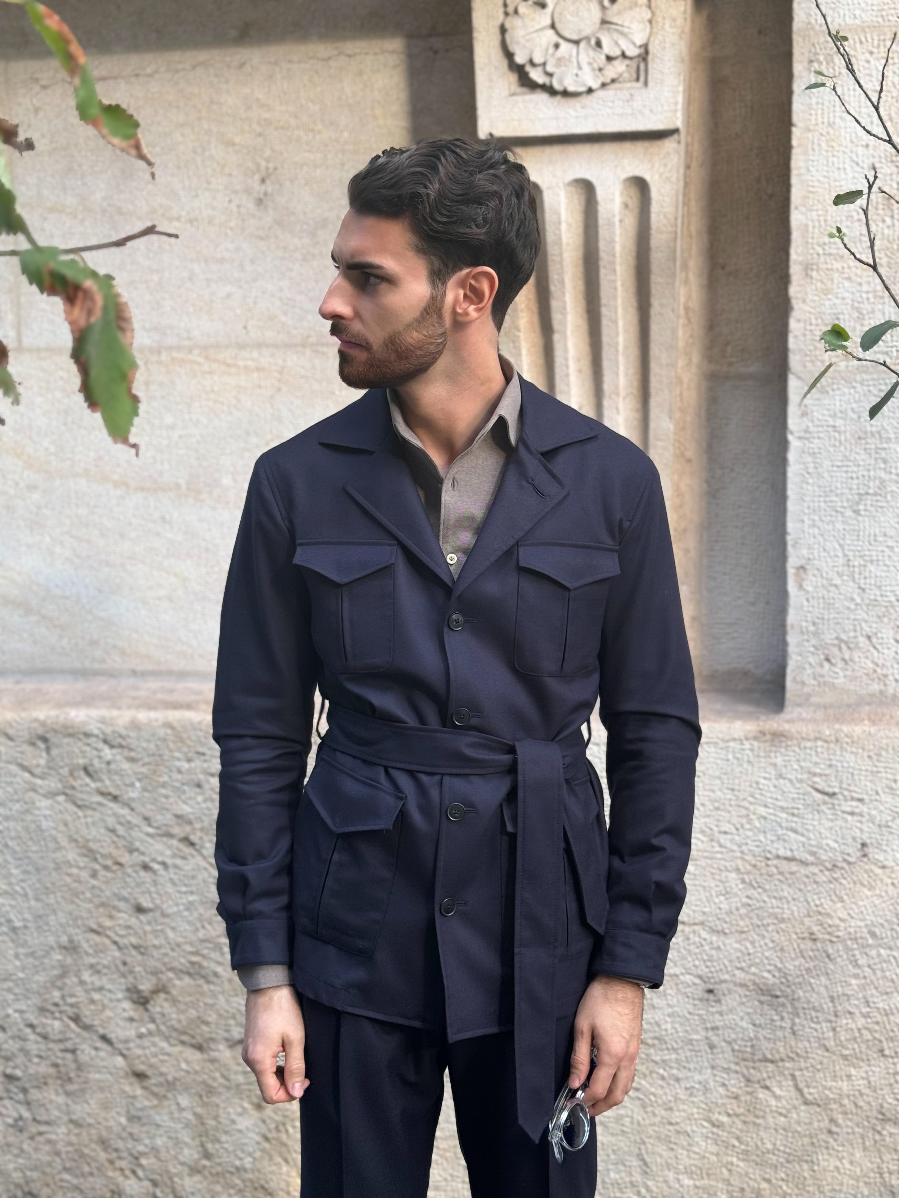 Belted Safari Jacket - Flanella Navy