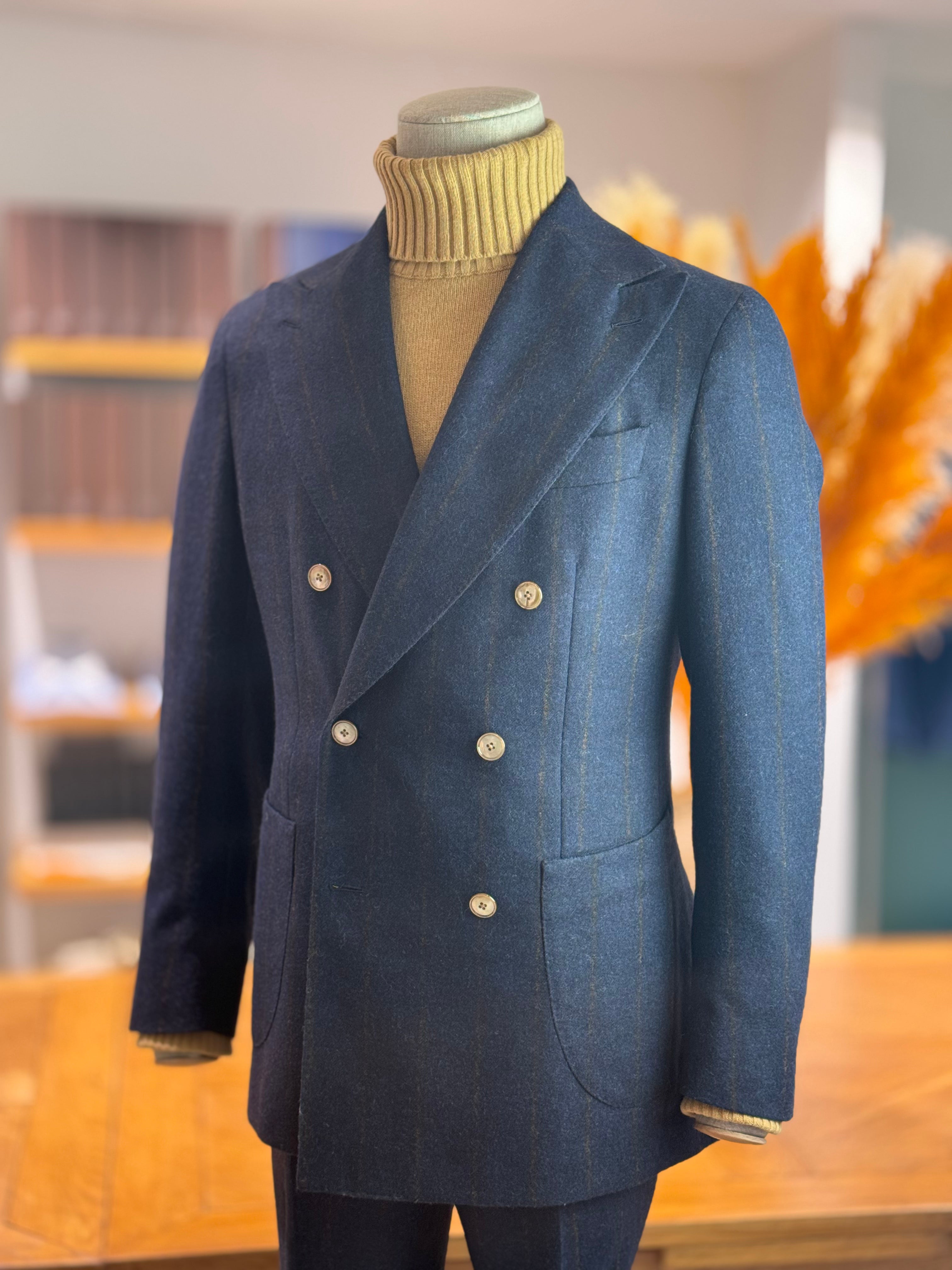 DOUBLE BREASTED SUIT ALPACA - NAVY WITH CAMEL STRIPES