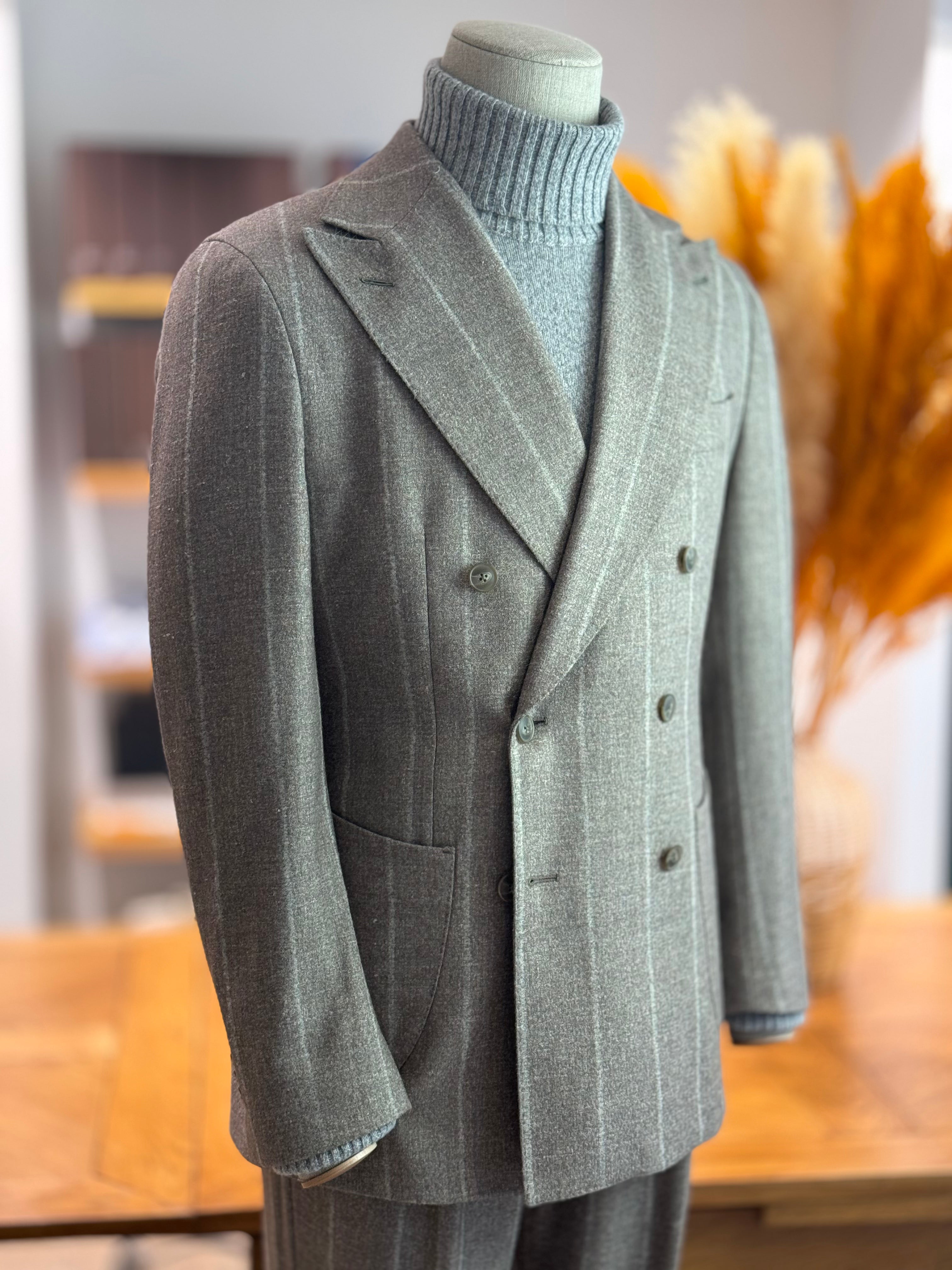 DOUBLE BREASTED SUIT ALPACA - TAUPE WITH GREY STRIPES