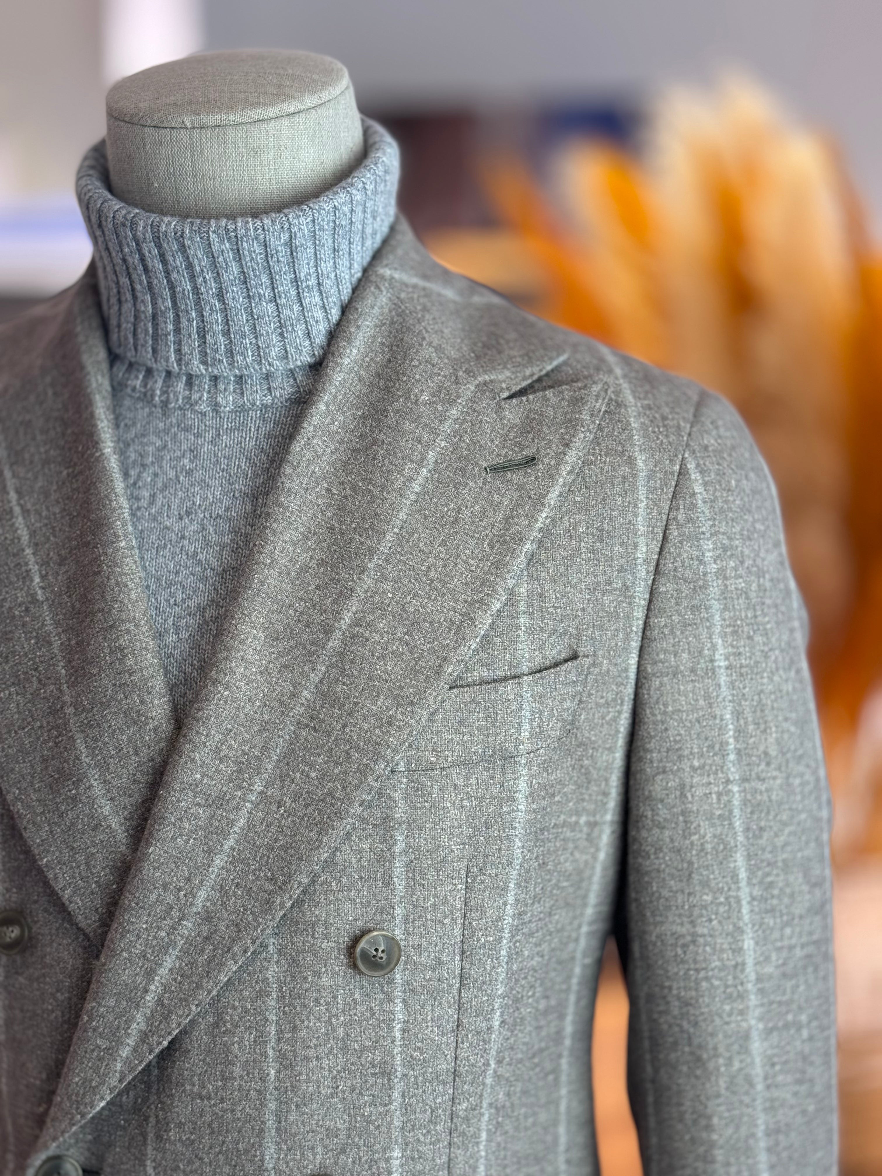 DOUBLE BREASTED SUIT ALPACA - TAUPE WITH GREY STRIPES