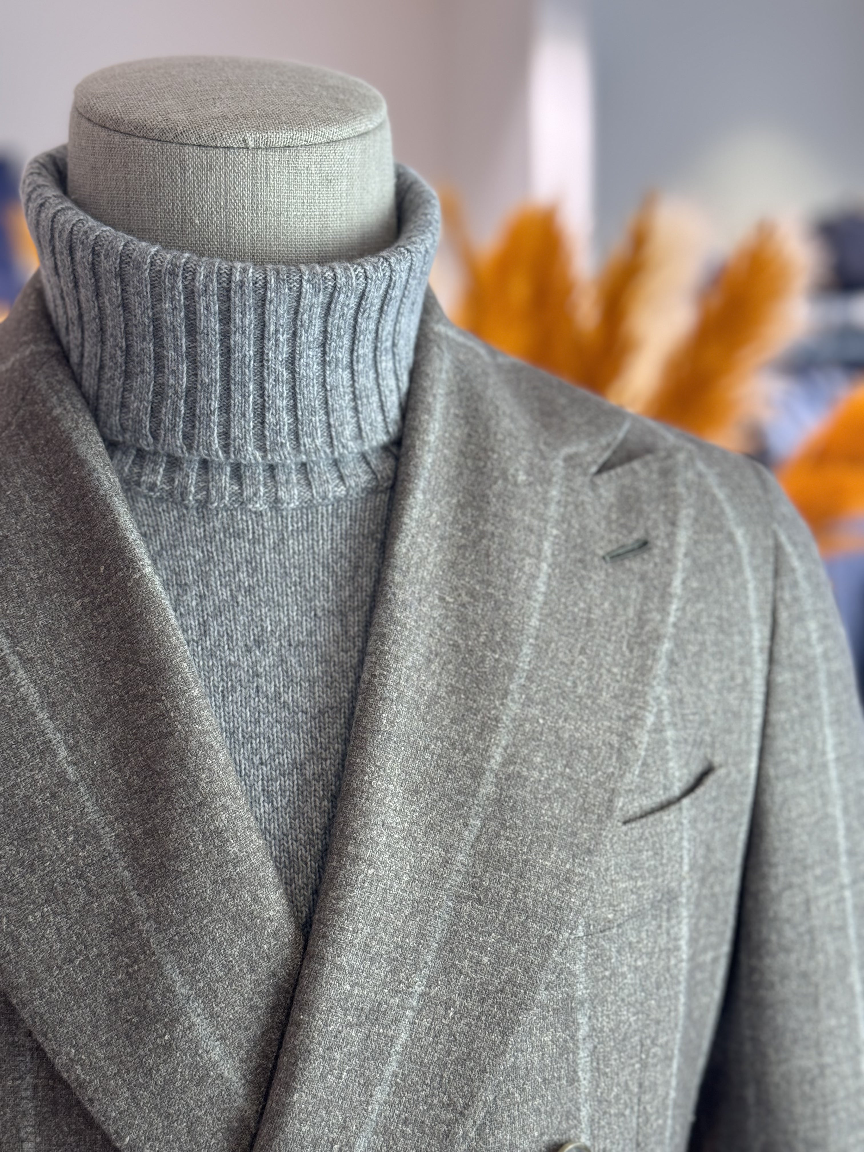 DOUBLE BREASTED SUIT ALPACA - TAUPE WITH GREY STRIPES