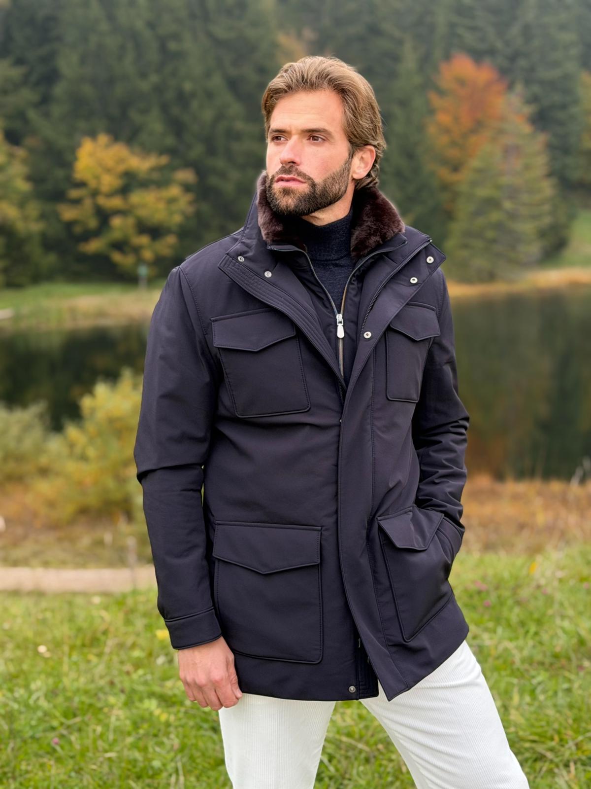 Waterproof Field Jacket with Fur Collar - Navy