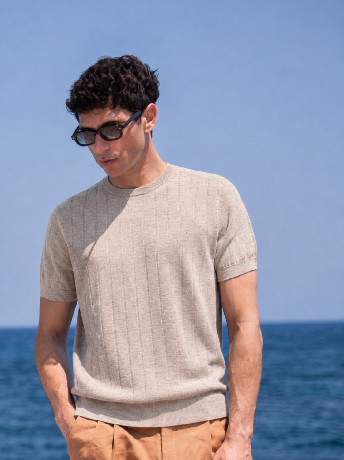 Ribbed T-shirt  - Beige